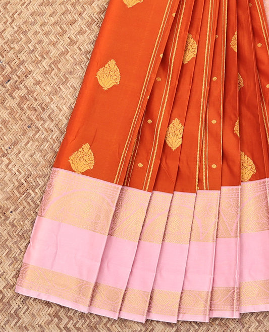 Orange Budget Silk Saree, Adorned with Zari Buttas and Stripes All Over Its Body, Complemented by a Contrast Traditional Zari Design Rettai Pettu Border, Sparsely Woven Jaal Pallu, and Paired with a Contrast Blouse