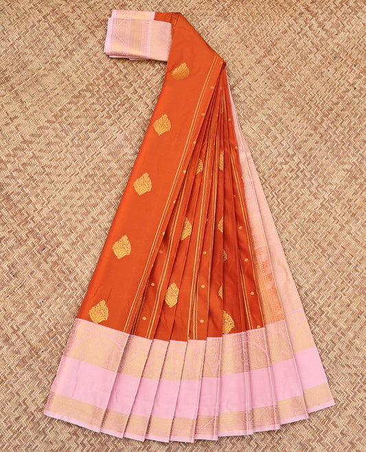 Orange Budget Silk Saree, Adorned with Zari Buttas and Stripes All Over Its Body, Complemented by a Contrast Traditional Zari Design Rettai Pettu Border, Sparsely Woven Jaal Pallu, and Paired with a Contrast Blouse