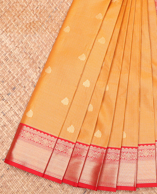 Orange Budget Silk Saree, Charmingly Accented with Zari Buttas and Micro-Checks on Its Body, Complemented by a Contrast Traditional Zari Design Border, Jaal Pallu, and Paired with a Contrast Blouse