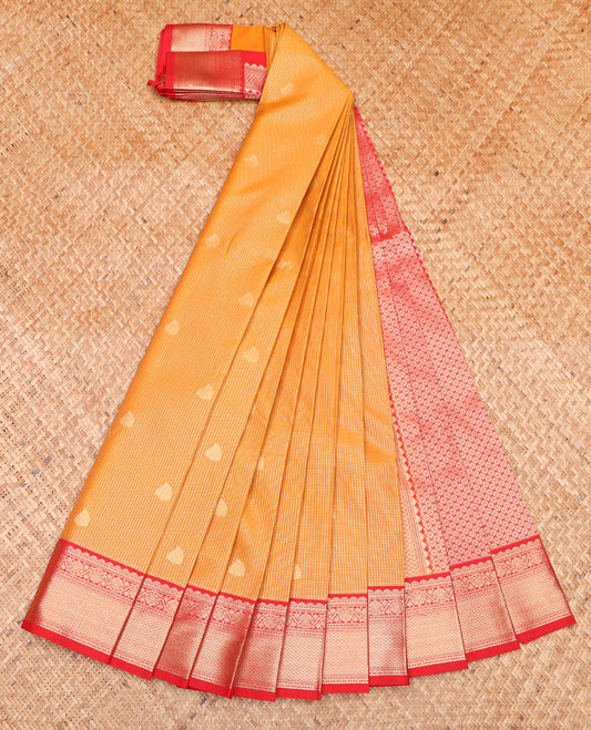 Orange Budget Silk Saree, Charmingly Accented with Zari Buttas and Micro-Checks on Its Body, Complemented by a Contrast Traditional Zari Design Border, Jaal Pallu, and Paired with a Contrast Blouse