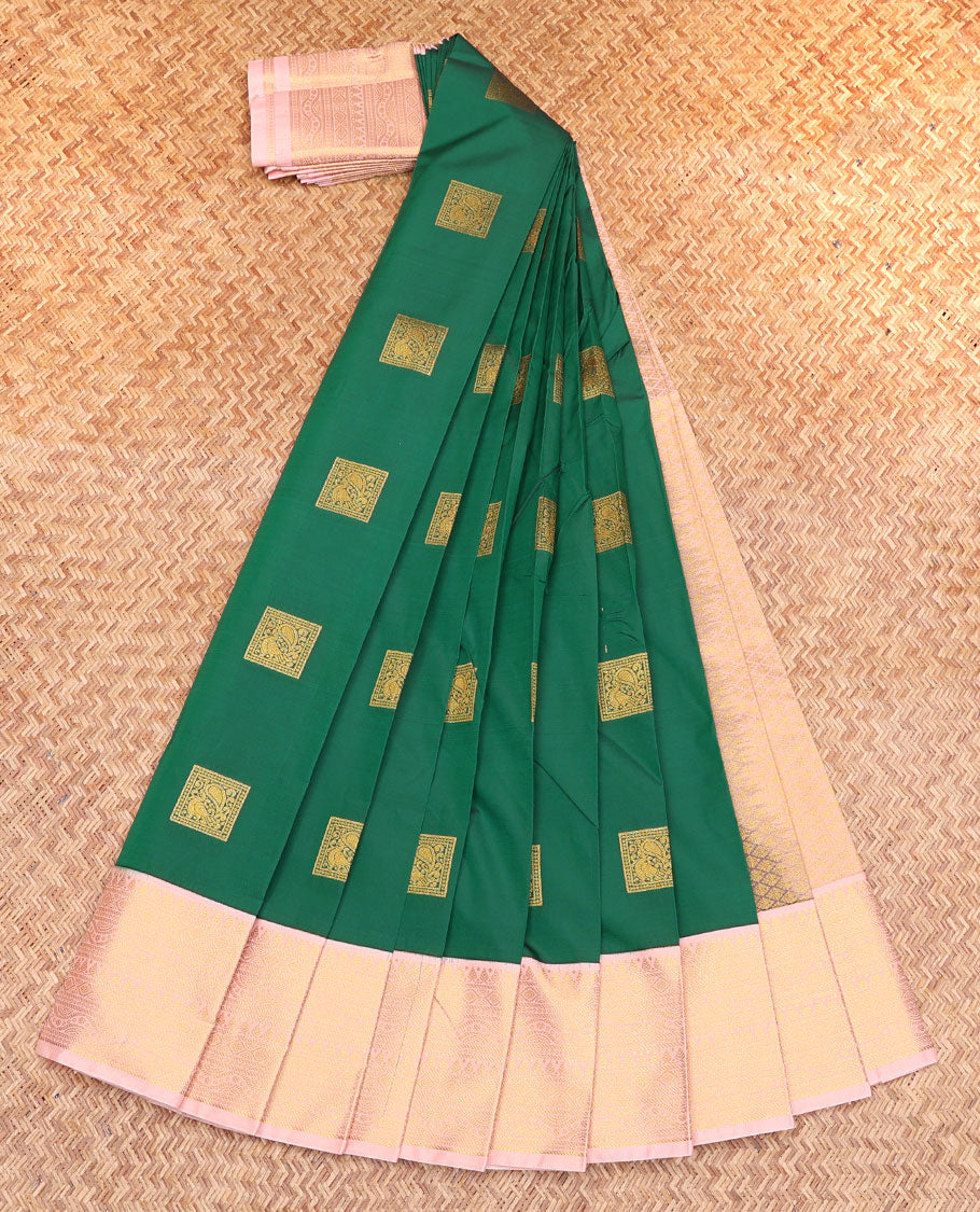 Green Budget Silk Saree, Detailed with Zari Buttas, Complemented by a Contrast Traditional Border, Jaal Pallu, and a Contrast Blouse