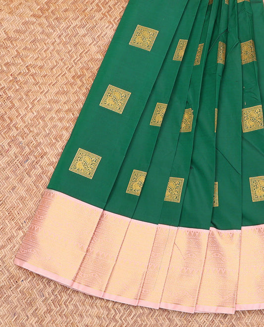 Green Budget Silk Saree, Detailed with Zari Buttas, Complemented by a Contrast Traditional Border, Jaal Pallu, and a Contrast Blouse
