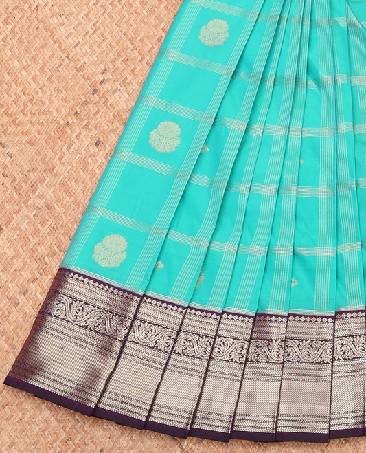 Turquoise Budget Silk Saree, Finely Crafted with Zari Butta Enclosed Checks, Complemented by a Contrast Traditional Zari Border, Jaal Pallu, and a Contrast Blouse