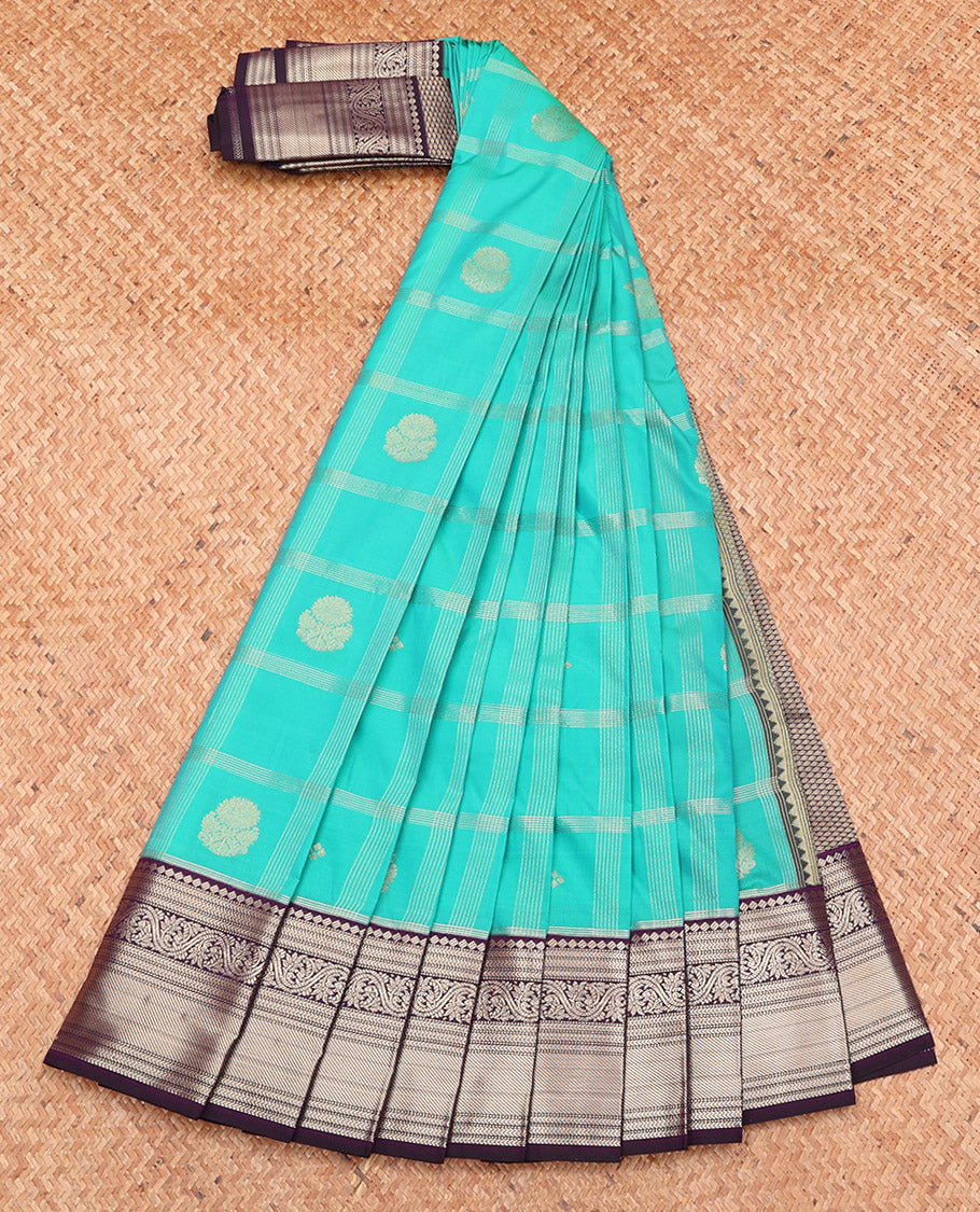 Turquoise Budget Silk Saree, Finely Crafted with Zari Butta Enclosed Checks, Complemented by a Contrast Traditional Zari Border, Jaal Pallu, and a Contrast Blouse