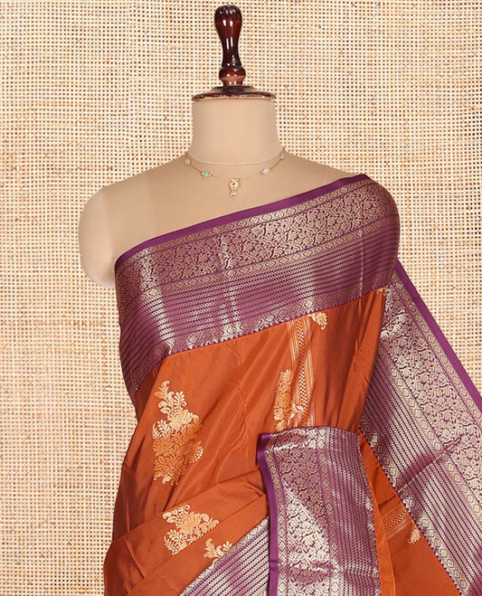 Orange Budget Silk Saree, Elegantly Highlighted with Zari Buttas on Its Body, Complemented by a Contrast Traditional Zari Design Border, Mughal-Style Zari Woven Pallu, and Paired with a Contrast Blouse