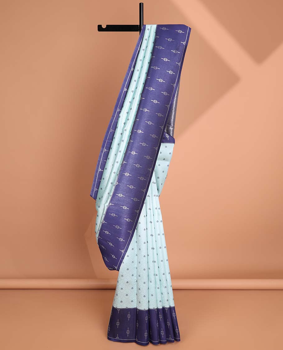 Light blue floral jacquard litchi silk saree with contrast zari design border & checked floral design pallu