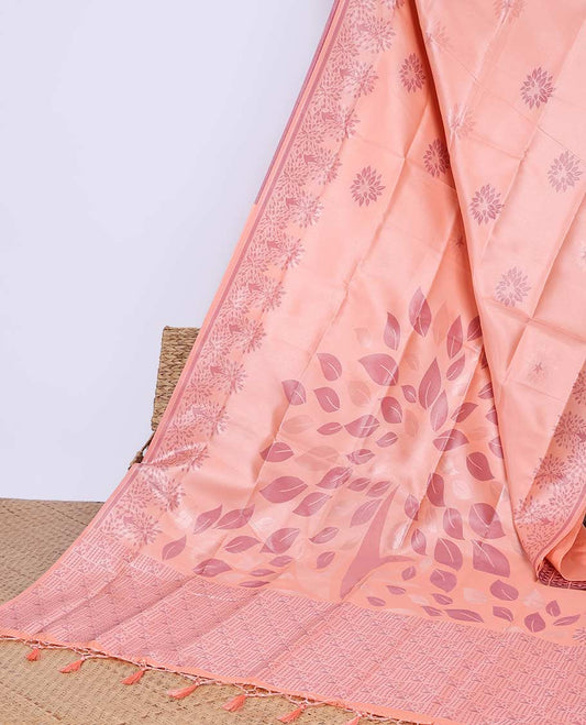 Peach floral printed butter silk saree with self-floral border & intricate design pallu