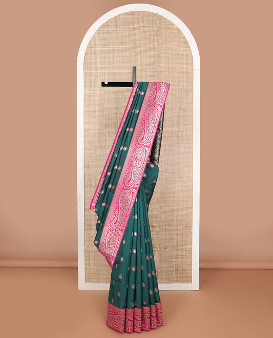 Dark green floral motifs butter silk saree with contrast paisley design border & floral, paisley design pallu