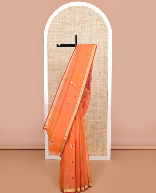 Orange floral design chanderi cotton saree with contrast zari border & striped, floral design pallu