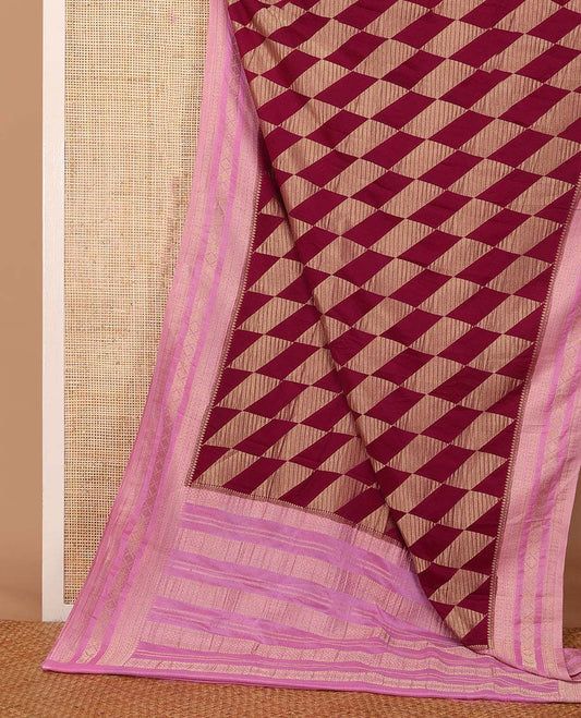 Maroon geometric zari patterned fancy crepe saree, contrast traditional zari border & intricate pallu
