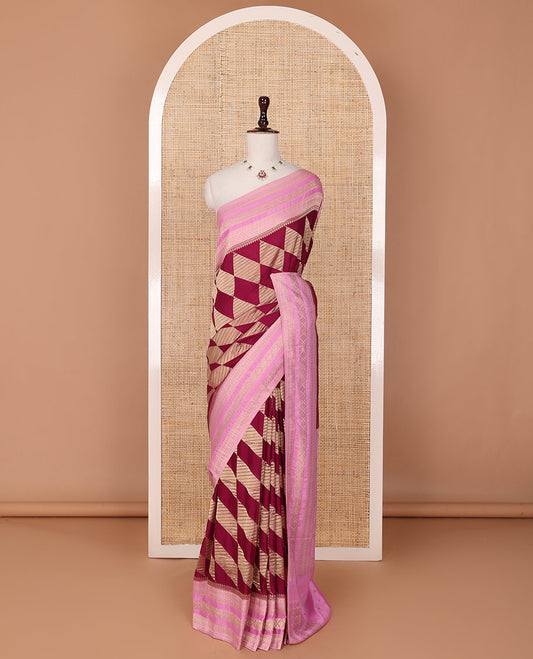 Maroon geometric zari patterned fancy crepe saree, contrast traditional zari border & intricate pallu