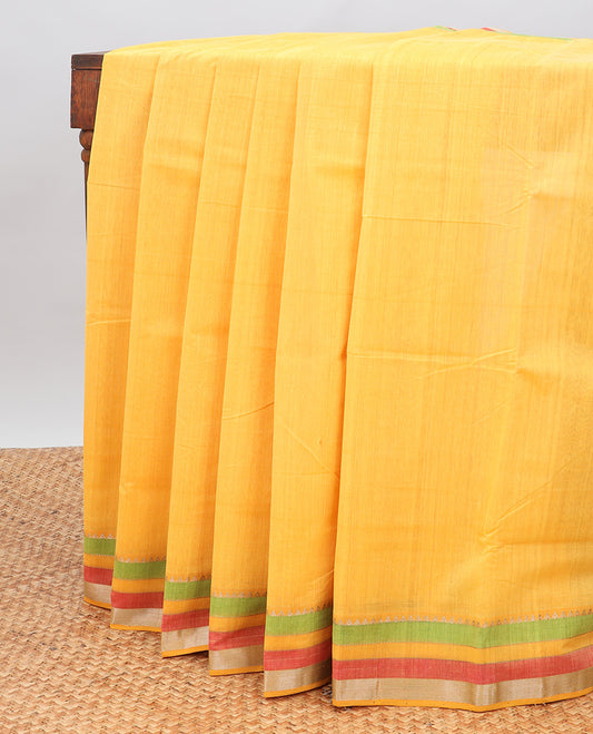 Yellow mangalagiri cotton saree with contrast striped border & multi-color striped pallu