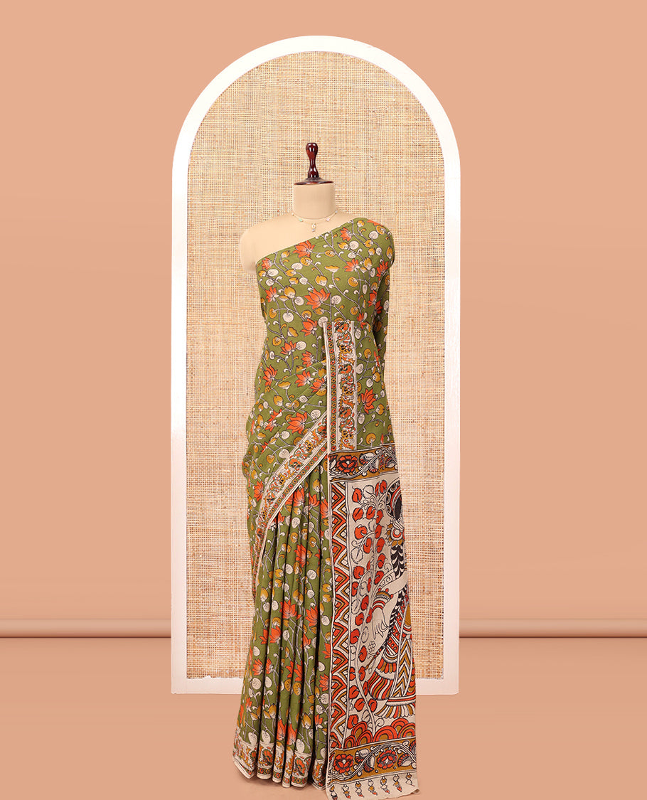 Green Kalamkari Cotton Saree, Adorned with Floral Vine Print, Contrast Printed Border, Kalamkari Ancient Human Motifs Pallu, and a Contrast Blouse