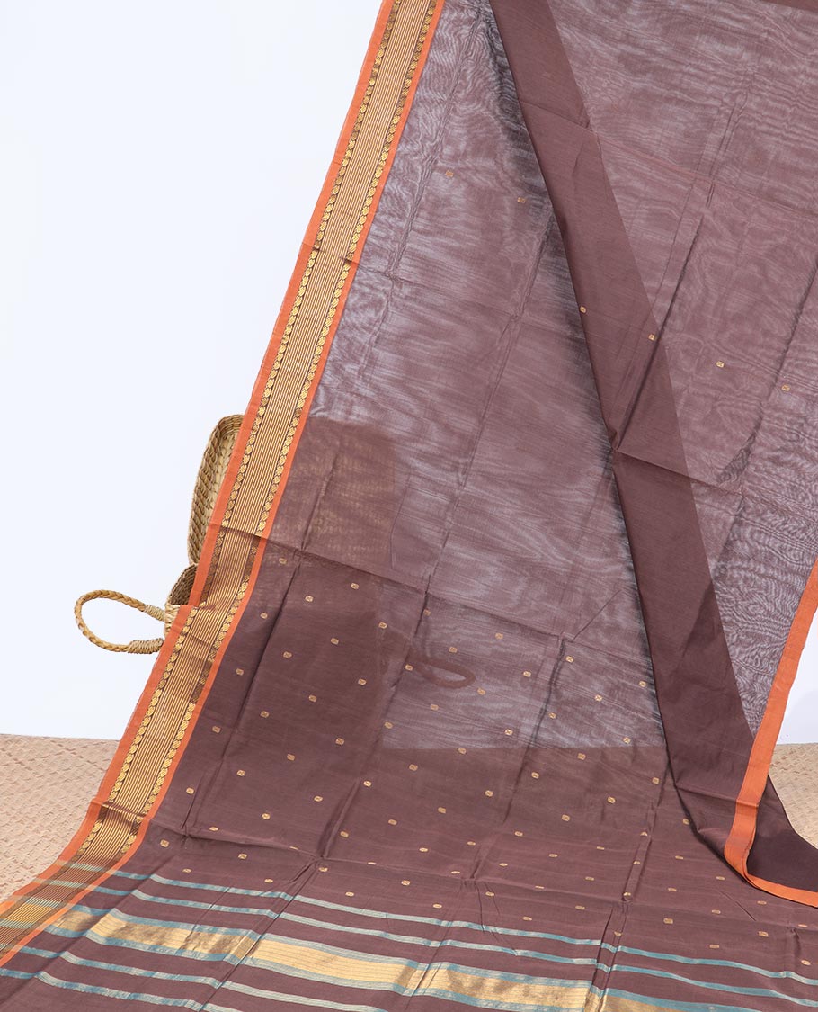 Brown buttas Vengatagiri cotton saree, contrast zari border & pallu of stripes