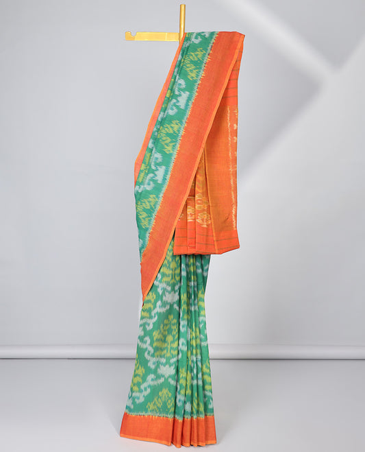 Green argyle design ikkat cotton saree with contrast plain border & intricate design pallu