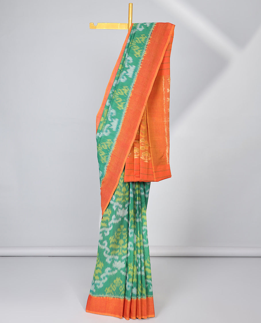 Green argyle design ikkat cotton saree with contrast plain border & intricate design pallu