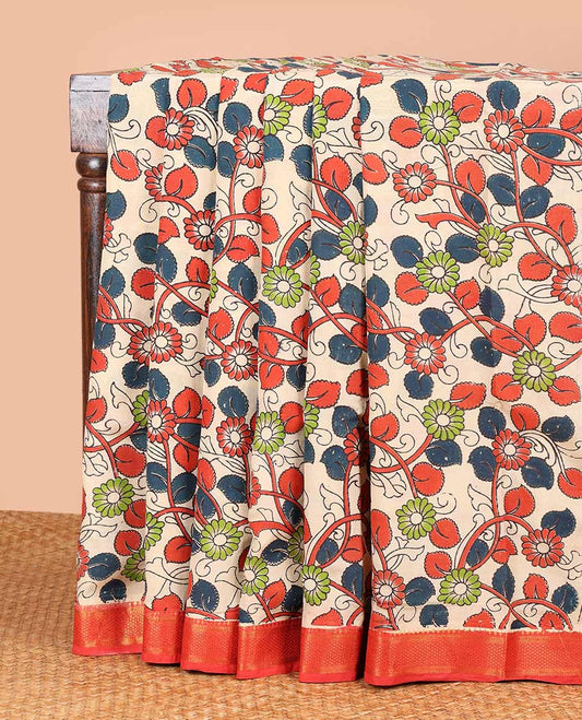 Cream floral vine design machine-printed kalamkari cotton saree with contrast zari design border & floral, peacock design pallu