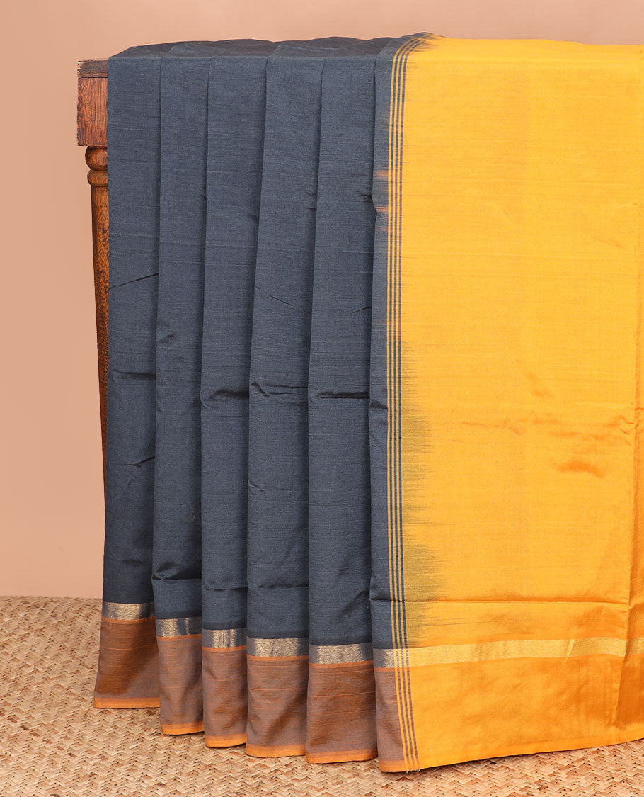 Grey plain ploy cotton saree, contrast plain border, and plain pallu