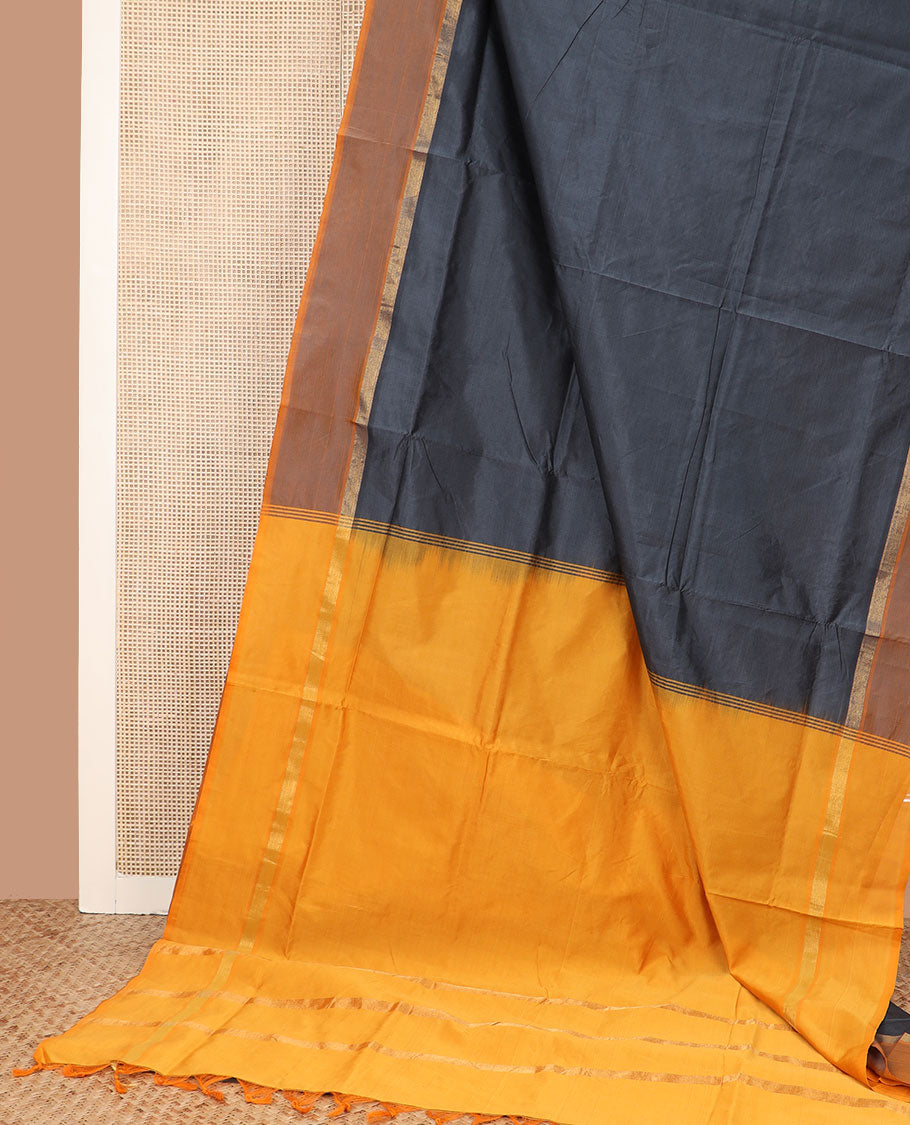 Grey plain ploy cotton saree, contrast plain border, and plain pallu