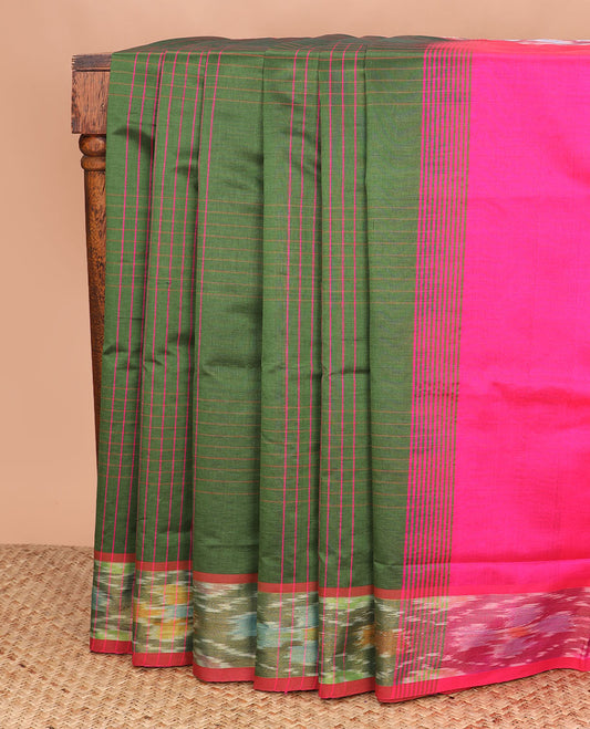 Green checked poly cotton saree, contrast ikkat border, and striped pallu