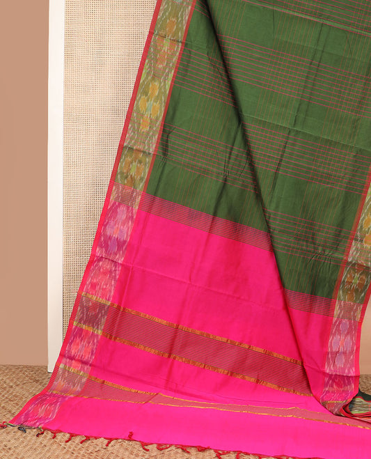 Green checked poly cotton saree, contrast ikkat border, and striped pallu