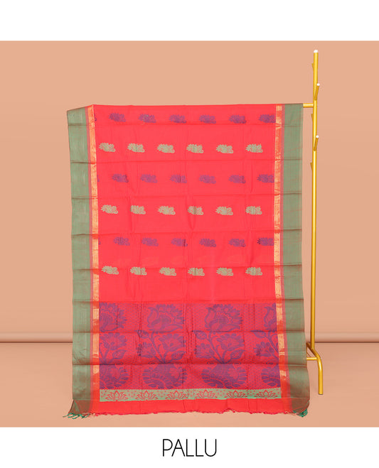 Red Kanchi Cotton Saree, Subtly Threaded with Floral Buttas All Over Its Body, Complemented by Contrast Zari Border, Pallu of Floral Designs, and Paired with a Matching Blouse