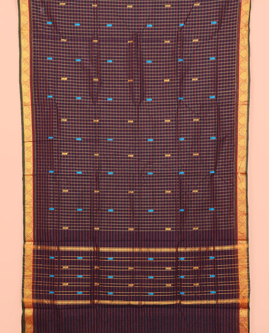 Blue Checked Nine Yard Cotton Saree, Complemented by Contrast Traditional Unique Motifs Woven Border, Pallu of Stripes and Buttas, and Comes Without a Blouse