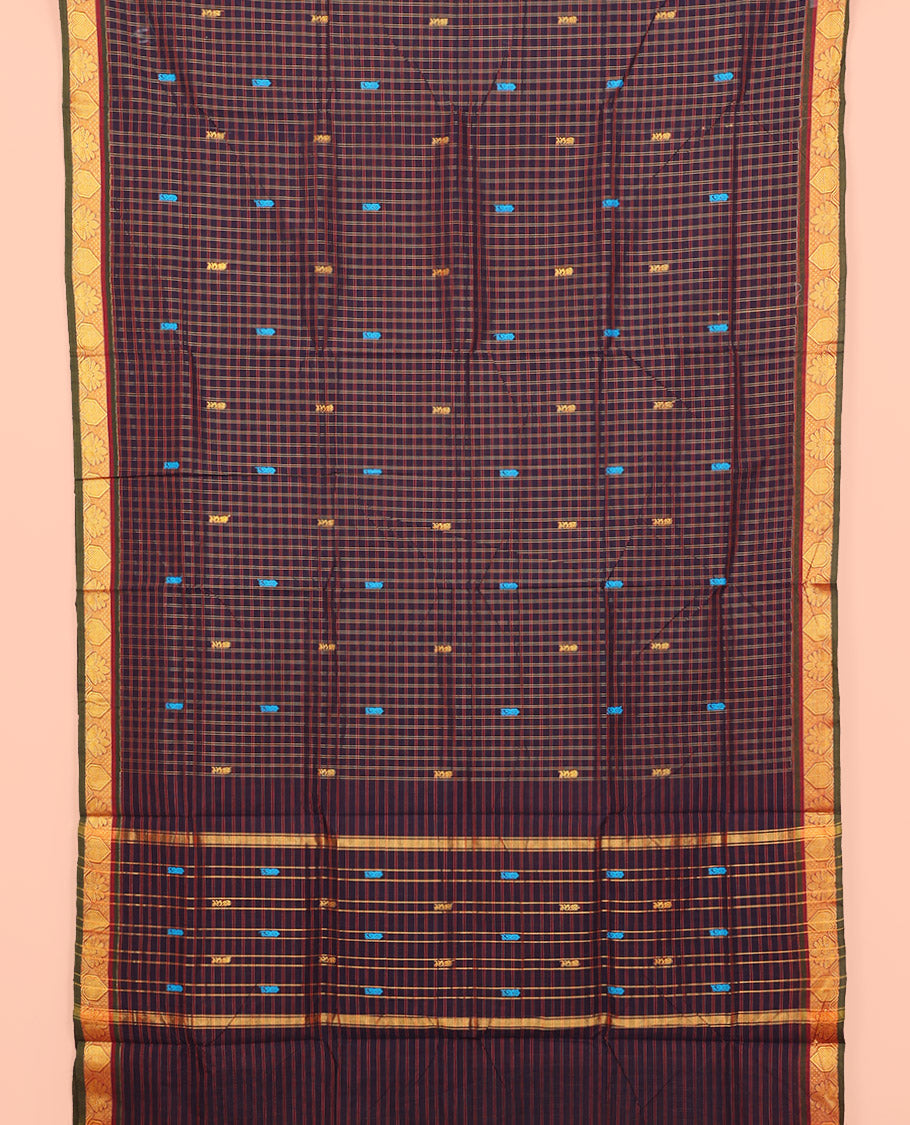 Blue Checked Nine Yard Cotton Saree, Complemented by Contrast Traditional Unique Motifs Woven Border, Pallu of Stripes and Buttas, and Comes Without a Blouse