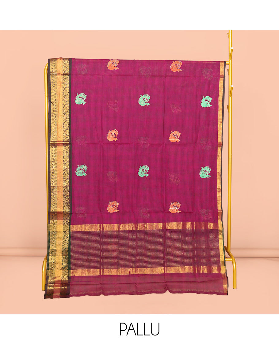 Pink Venkatagiri Cotton Saree, Decked Up with Peacock Buttas and Checks, a Contrast Traditional Zari Border, Pallu of Stripes, and No Blouse