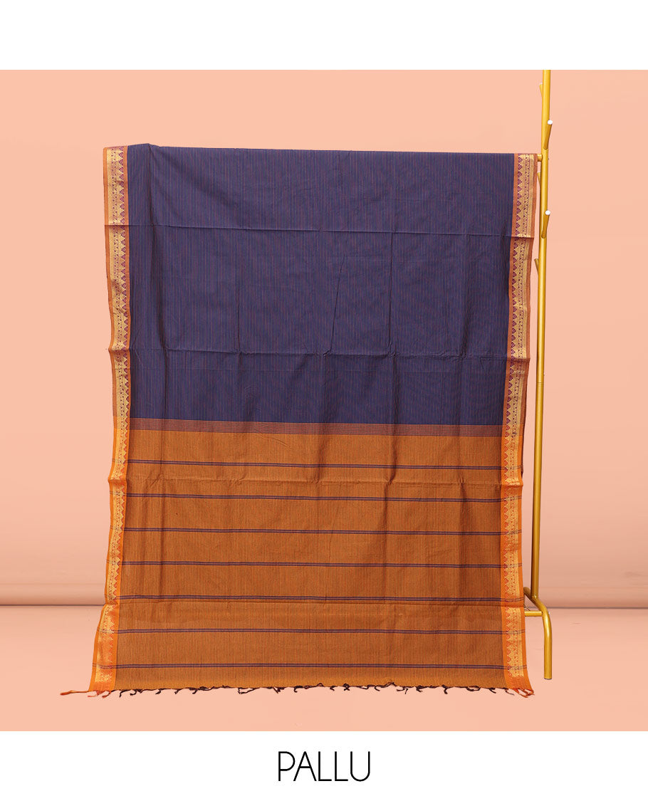 Blue Striped Poly Cotton Saree