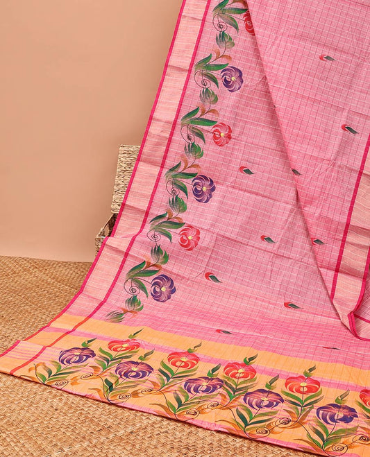 Red checked , floral design chirla cottton saree with contrast striped border & floral, checked design pallu