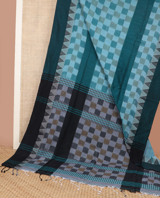 Blue base colorful-ikkat checked Kadhi cotton saree, contrast temple design blue border & ikkat checked pallu