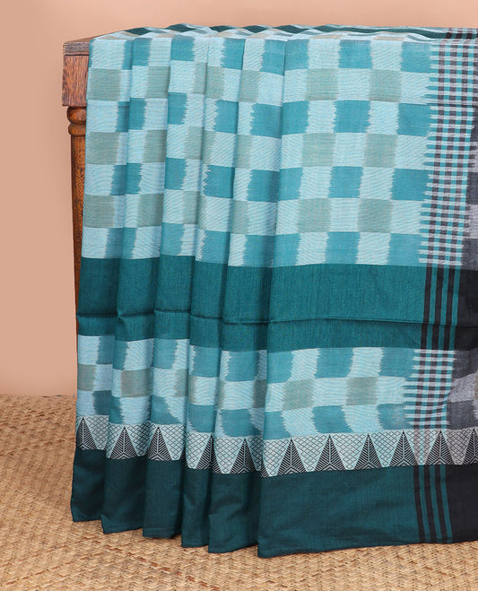 Blue base colorful-ikkat checked Kadhi cotton saree, contrast temple design blue border & ikkat checked pallu
