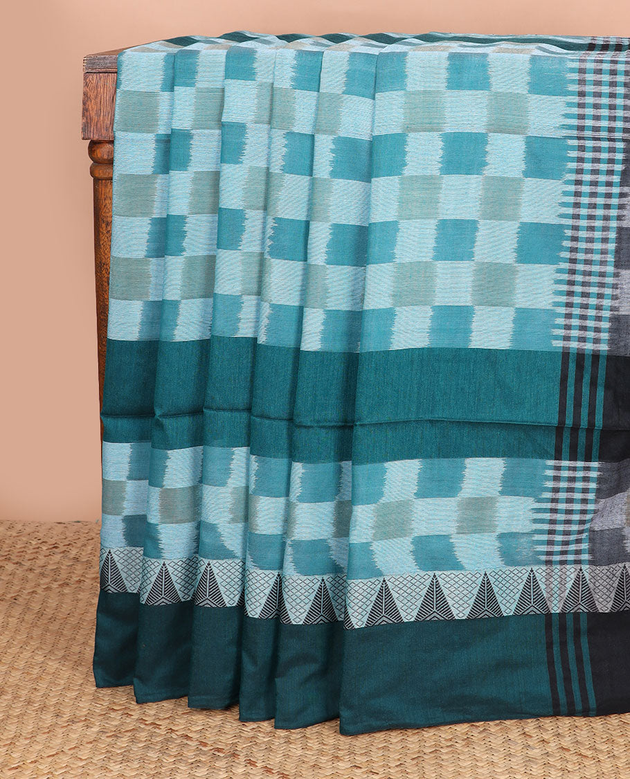 Blue base colorful-ikkat checked Kadhi cotton saree, contrast temple design blue border & ikkat checked pallu