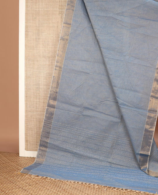 Blue striped Jute cotton saree, zari border & striped pallu