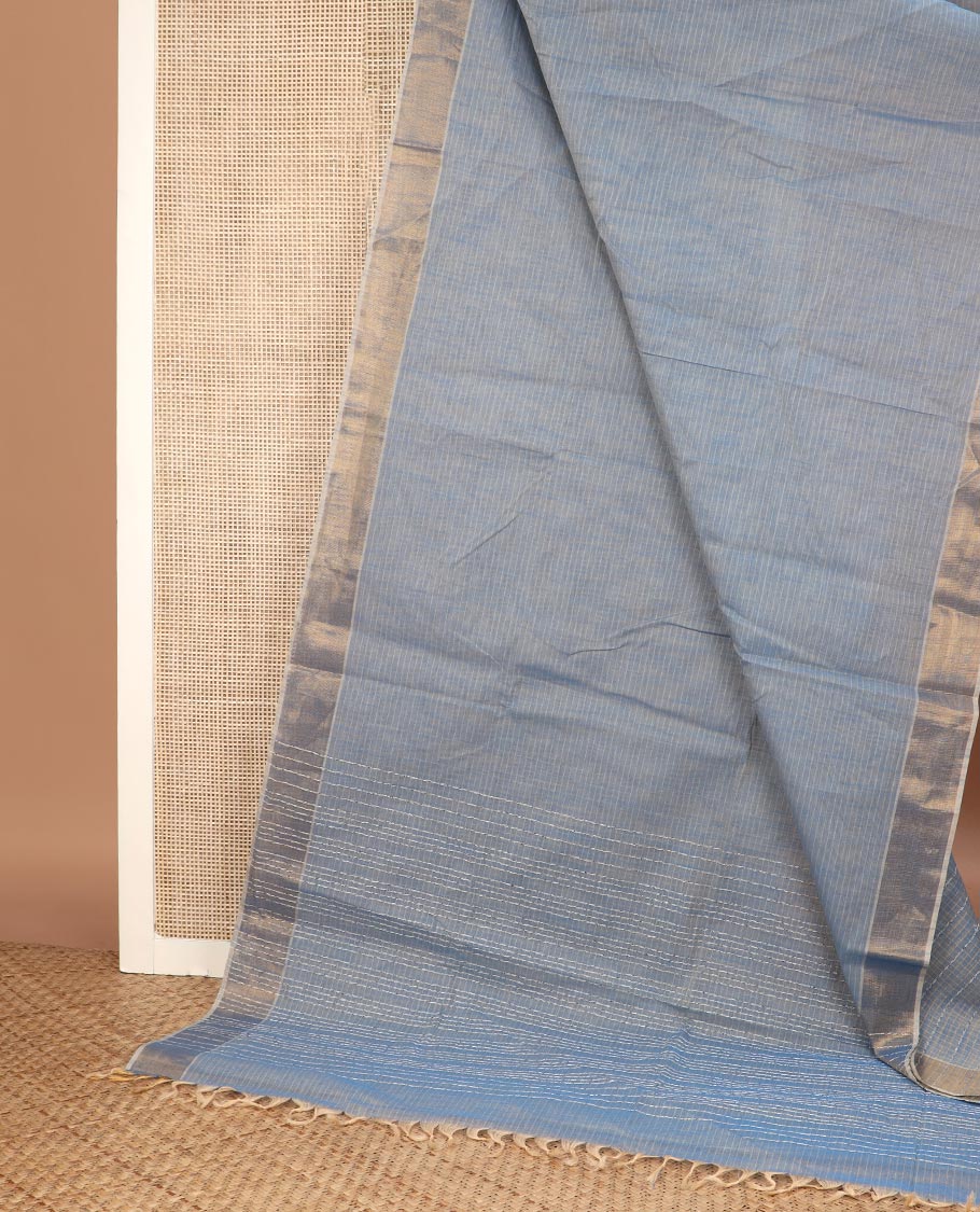 Blue striped Jute cotton saree, zari border & striped pallu