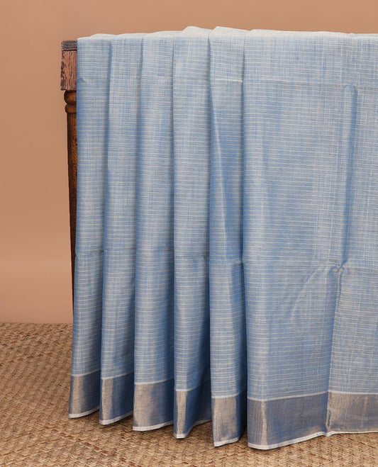 Blue striped Jute cotton saree, zari border & striped pallu