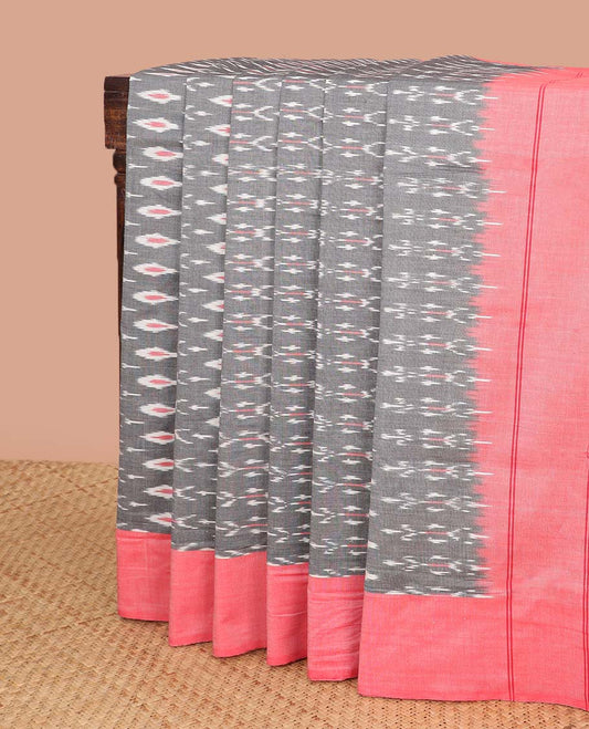 Grey geometric design ikkat cotton saree with contrast border & intricate design pallu