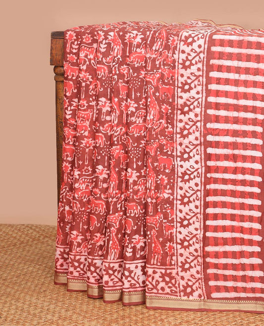 Red forest design chanderi cotton saree with self zari border & shibori style design pallu