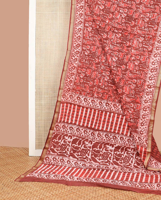 Red forest design chanderi cotton saree with self zari border & shibori style design pallu