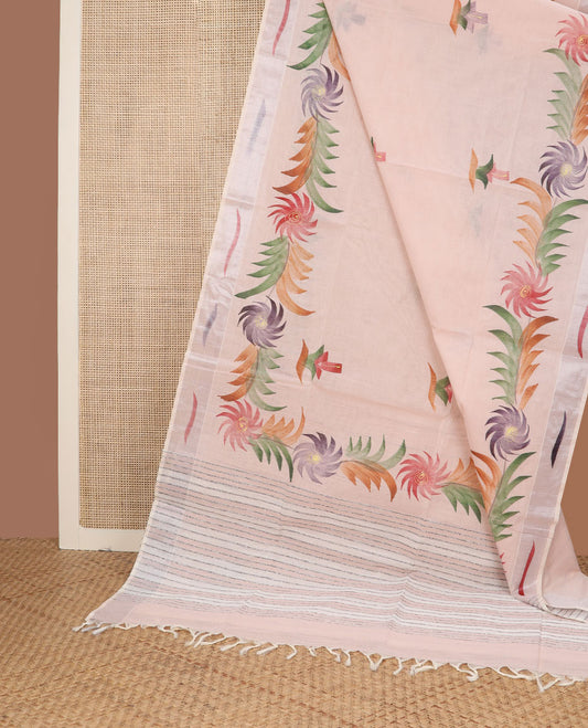 Pastel orange hand-brushing-style floral printed jute cotton saree, zari & printed border & striped pallu