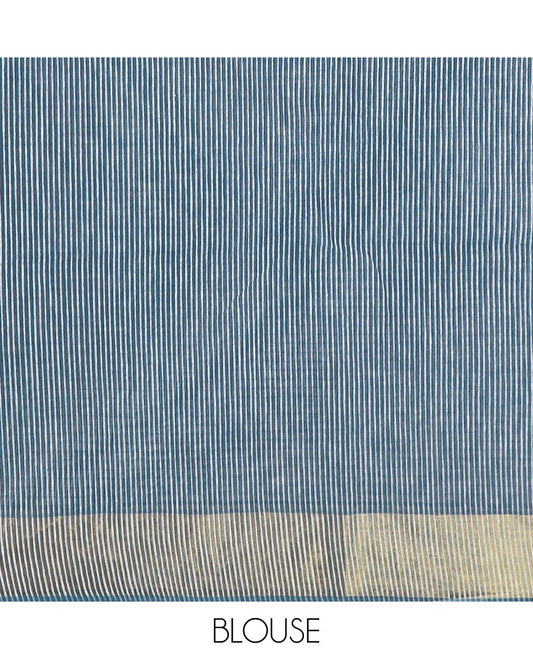 Blue zari striped jute cotton saree, zari border and striped pallu