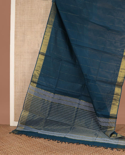 Blue zari striped jute cotton saree, zari border and striped pallu