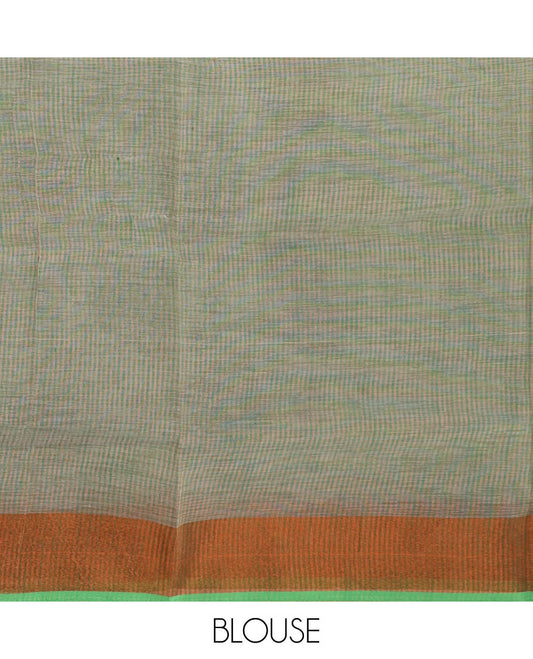 Green leaf buttas cotton saree, contrast plain border and striped pallu