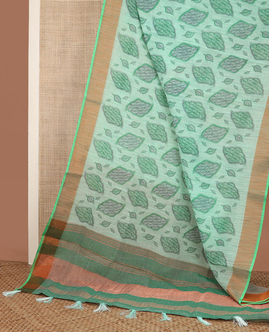 Green leaf buttas cotton saree, contrast plain border and striped pallu