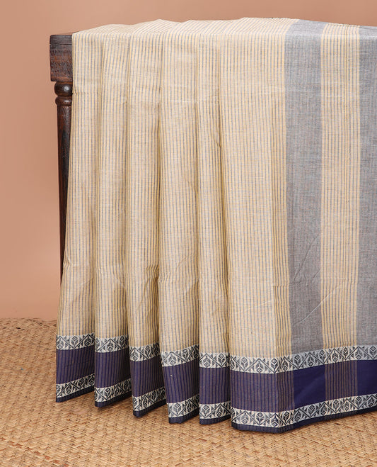 Light sandal micro-checked Bengal cotton saree, contrast geometric patterned border, and striped pallu
