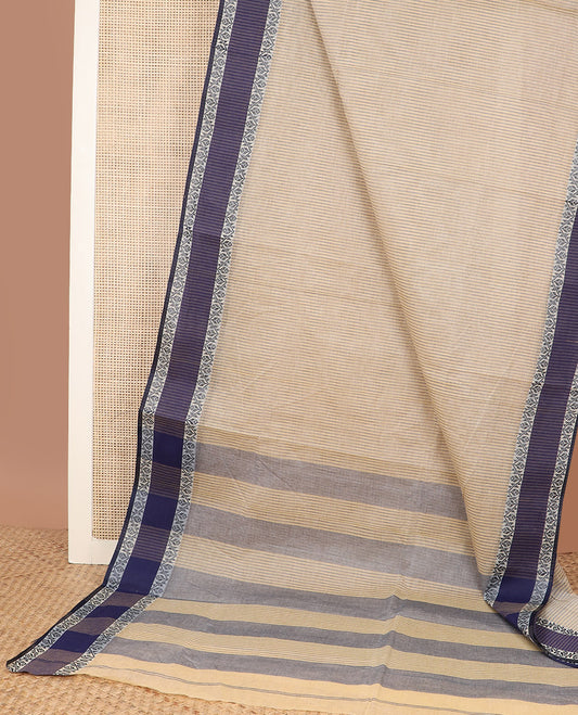 Light sandal micro-checked Bengal cotton saree, contrast geometric patterned border, and striped pallu