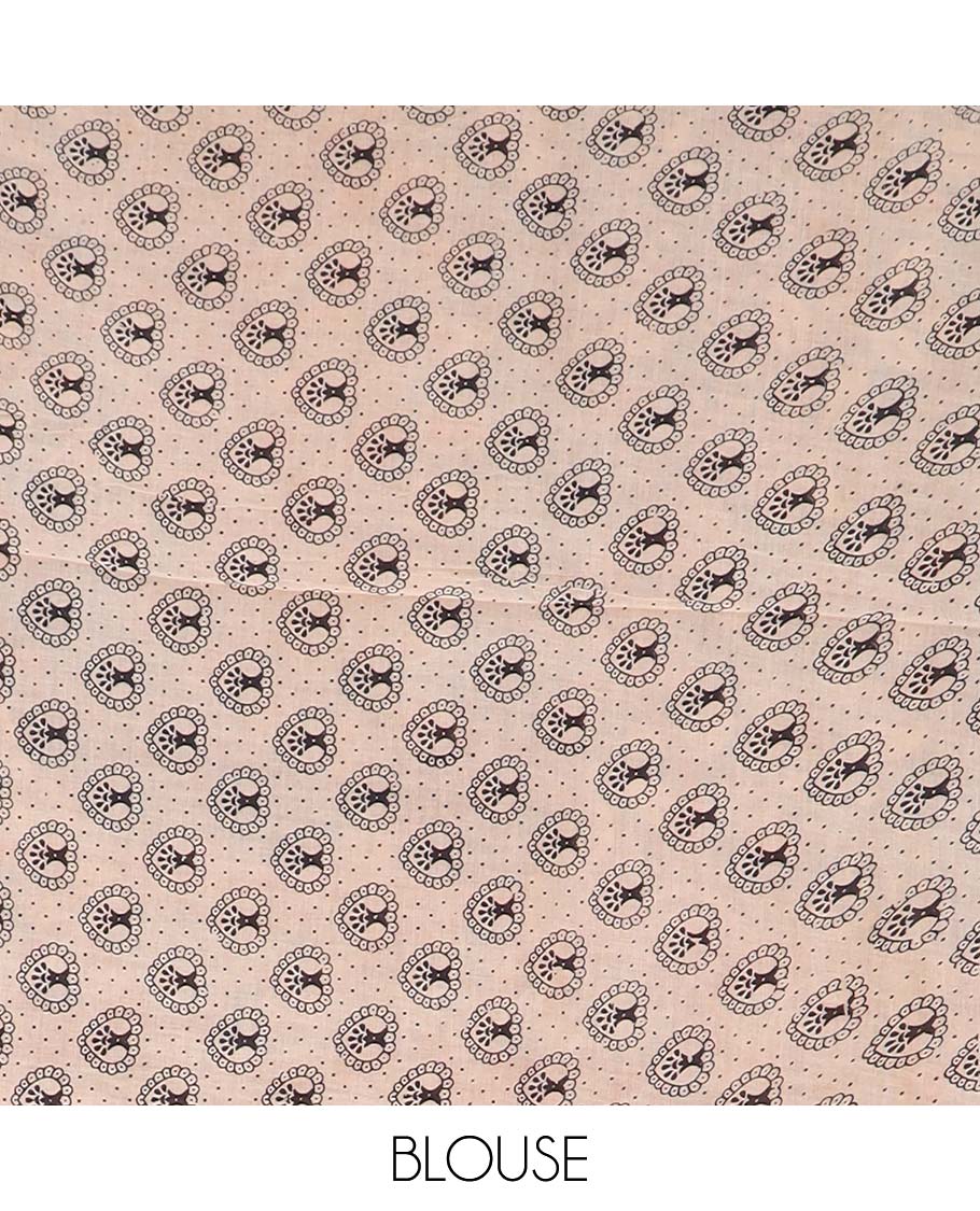 Red floral vine machine printed kalamkari cotton saree, contrast floral creeper printed border, and pallu of floral, and peacock print