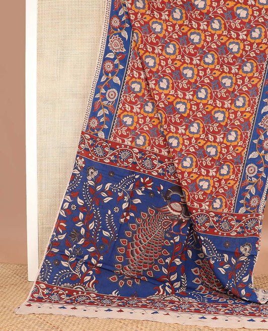 Red floral vine machine printed kalamkari cotton saree, contrast floral creeper printed border, and pallu of floral, and peacock print