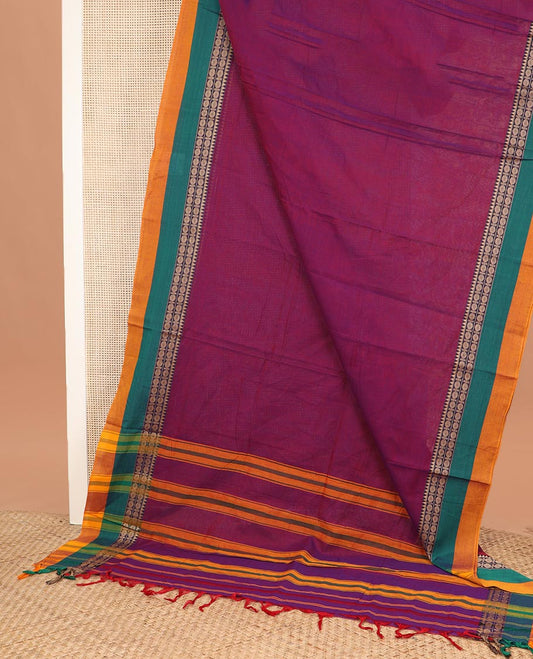 Purple plain Narayanapet cotton saree, contrast rudraksham and temple motifs thread woven border, and striped pallu